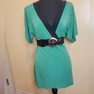 Fredericks of Hollywood Womans V Neck Low Cut Top mid sleeve - belt Size L Green